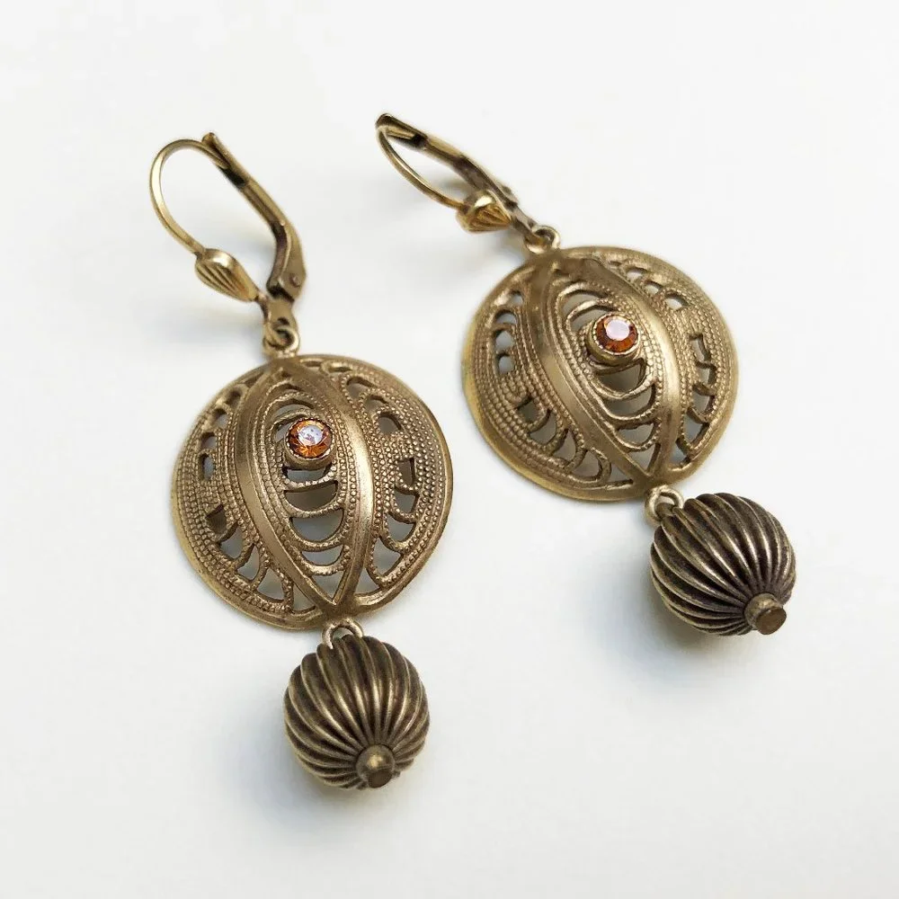Gold filigree earrings dangle, fancy golden circle earrings